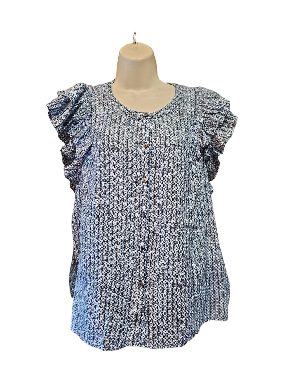 Vineyard Vines Blue Patterned Ruffle-Sleeve Button Front Top Nwt